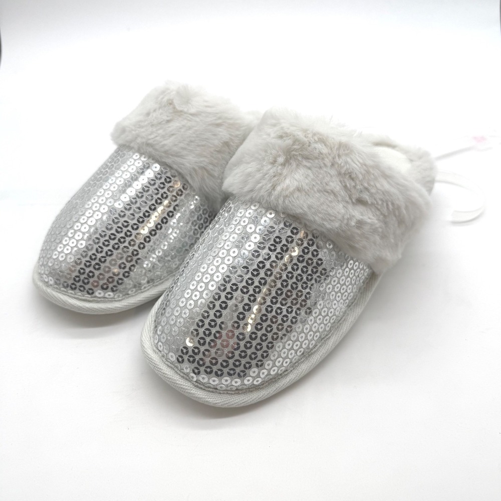 Auden Womens M 7/8 Silver Sequin Furry Slip On‎ Slippers Shoes New